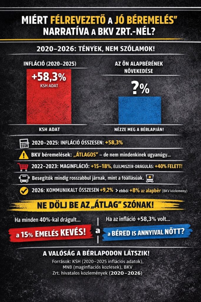 BKV béremelés és infláció összehasonlítása 2020–2026 között, reálbér-csökkenés bemutatása infografikán