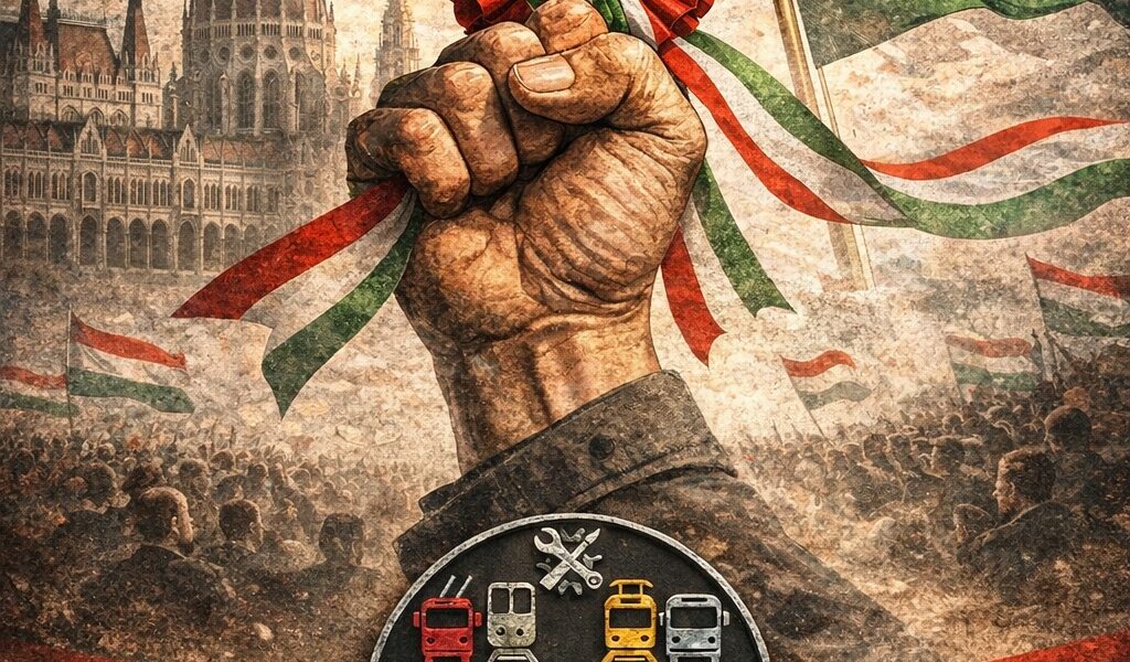 március 15-i ünnepi plakát a JMBSZ-től: kokárdát tartó kéz a Parlament előtt. Felirat: A szabadság üzenete a munka világában. Mert a szabadság ma is felelősséggel jár.