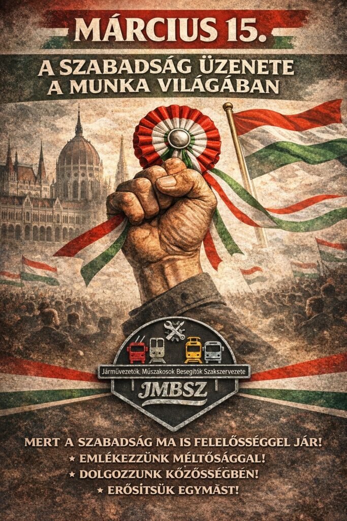március 15-i ünnepi plakát a JMBSZ-től: kokárdát tartó kéz a Parlament előtt. Felirat: A szabadság üzenete a munka világában. Mert a szabadság ma is felelősséggel jár.