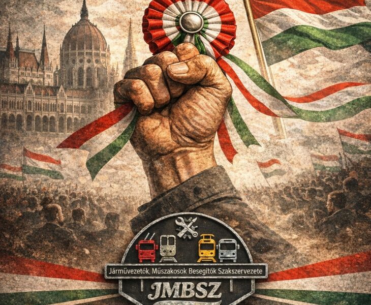 március 15-i ünnepi plakát a JMBSZ-től: kokárdát tartó kéz a Parlament előtt. Felirat: A szabadság üzenete a munka világában. Mert a szabadság ma is felelősséggel jár.