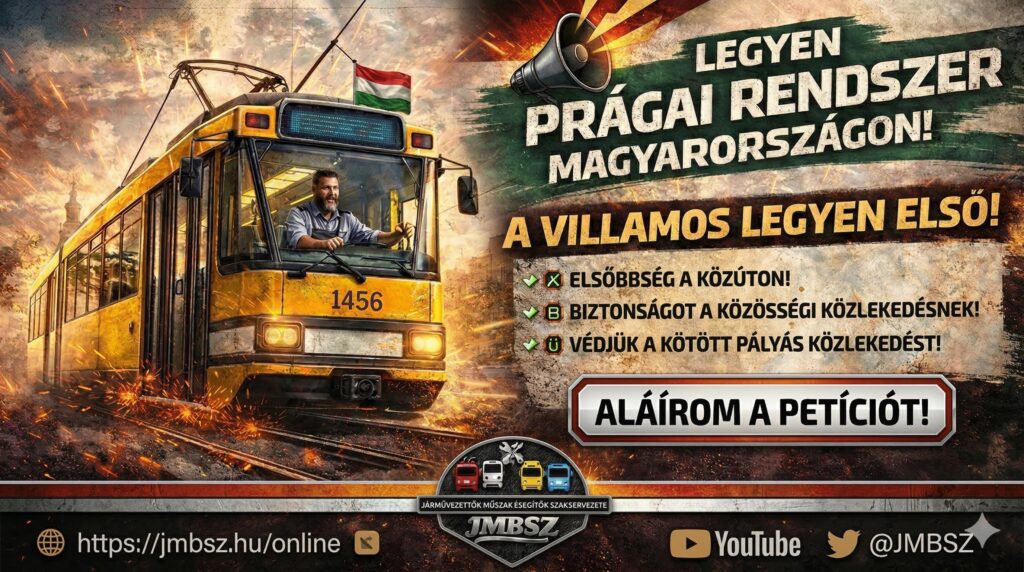 JMBSZ kampánykép a petícióhoz: a villamos elsőbbség fontossága a közlekedésben és az új KRESZ-ben.