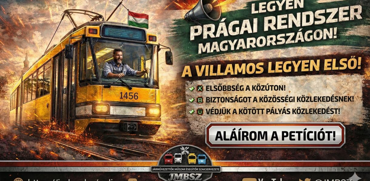 JMBSZ kampánykép a petícióhoz: a villamos elsőbbség fontossága a közlekedésben és az új KRESZ-ben.