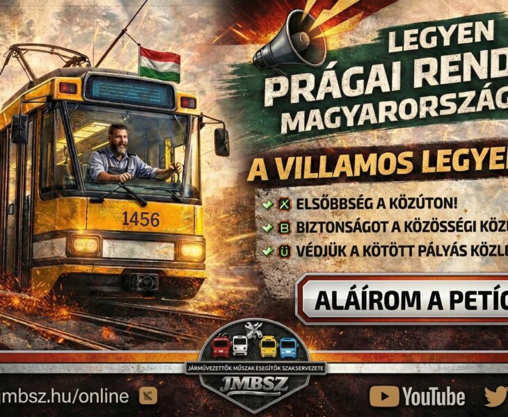 JMBSZ kampánykép a petícióhoz: a villamos elsőbbség fontossága a közlekedésben és az új KRESZ-ben.