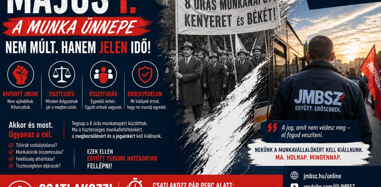 JMBSZ szakszervezet plakátja: Május 1. a munka ünnepe. A történelmi és modern érdekvédelem fontosságát bemutató grafika.