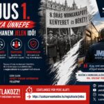 JMBSZ szakszervezet plakátja: Május 1. a munka ünnepe. A történelmi és modern érdekvédelem fontosságát bemutató grafika.