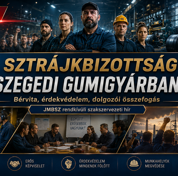 BRÉKING JMBSZ rendkívüli szakszervezeti hír: sztrájkbizottság alakult a szegedi gumigyárban, dolgozói összefogással és érdekvédelmi fellépéssel.