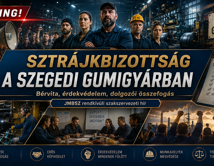BRÉKING JMBSZ rendkívüli szakszervezeti hír: sztrájkbizottság alakult a szegedi gumigyárban, dolgozói összefogással és érdekvédelmi fellépéssel.