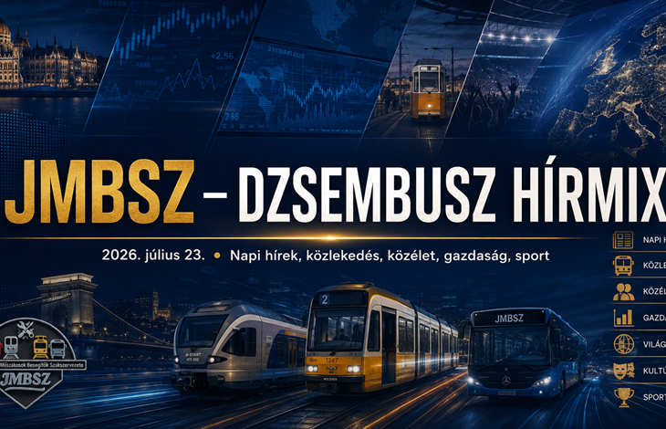 Csütörtöki JMBSZ Dzsembusz Hírmix 2026. július 23-án, professzionális hírszerkesztőségi arculattal, közlekedési, közéleti, gazdasági, világpolitikai, kulturális és sporthírekkel.