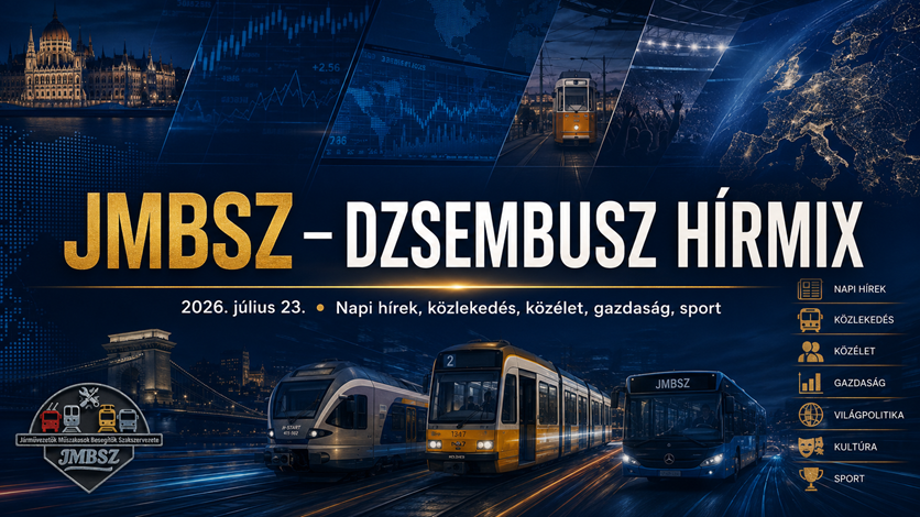 Csütörtöki JMBSZ Dzsembusz Hírmix 2026. július 23-án, professzionális hírszerkesztőségi arculattal, közlekedési, közéleti, gazdasági, világpolitikai, kulturális és sporthírekkel.