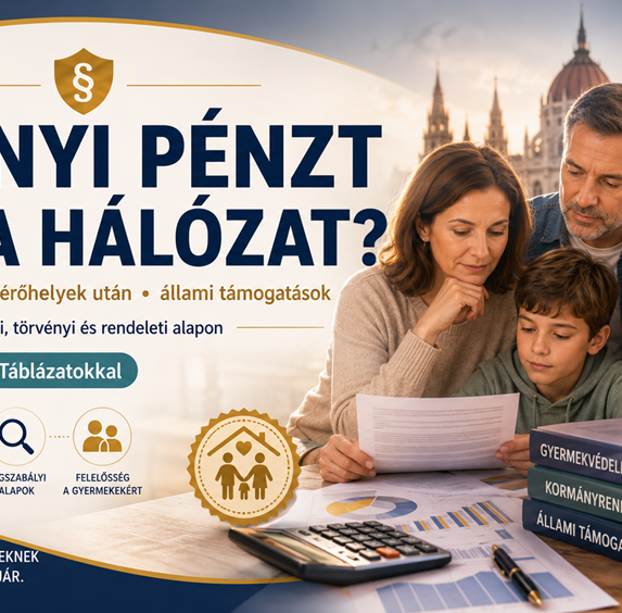 Tájékoztató kép a gyermekvédelmi hálózatok 2026-os állami támogatásairól, gyermekek és férőhelyek után járó finanszírozásról.