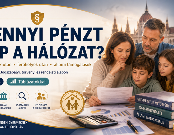 Tájékoztató kép a gyermekvédelmi hálózatok 2026-os állami támogatásairól, gyermekek és férőhelyek után járó finanszírozásról.