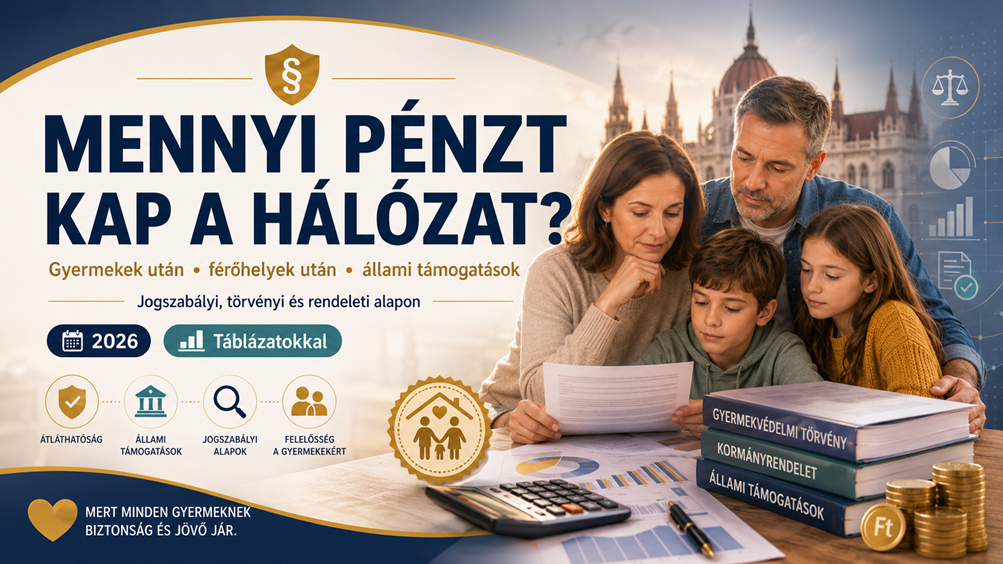 Tájékoztató kép a gyermekvédelmi hálózatok 2026-os állami támogatásairól, gyermekek és férőhelyek után járó finanszírozásról.