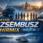 Hétfői Dzsembusz Hírmix 2026. július 20-án JMBSZ szemmel, közlekedési, munkavállalói, közéleti, gazdasági, időjárási és sporthírekkel, villamossal, busszal, vonattal, dunai hajóval és JMBSZ logóval.