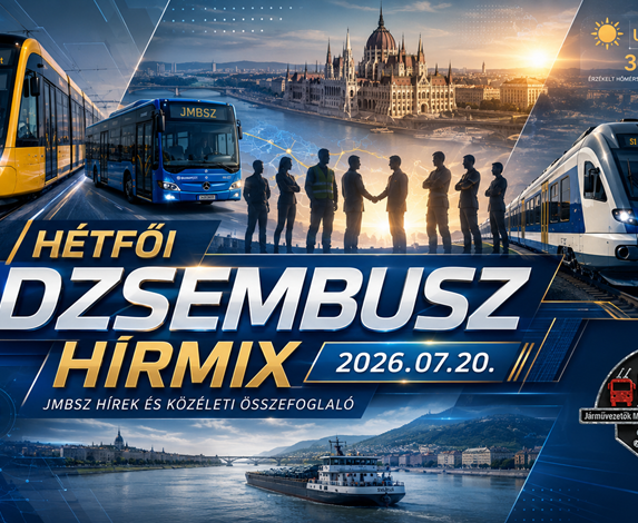 Hétfői Dzsembusz Hírmix 2026. július 20-án JMBSZ szemmel, közlekedési, munkavállalói, közéleti, gazdasági, időjárási és sporthírekkel, villamossal, busszal, vonattal, dunai hajóval és JMBSZ logóval.