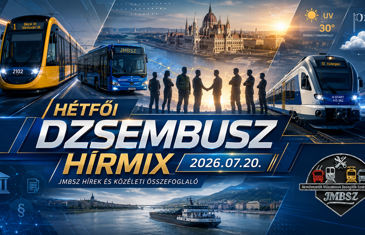 Hétfői Dzsembusz Hírmix 2026. július 20-án JMBSZ szemmel, közlekedési, munkavállalói, közéleti, gazdasági, időjárási és sporthírekkel, villamossal, busszal, vonattal, dunai hajóval és JMBSZ logóval.