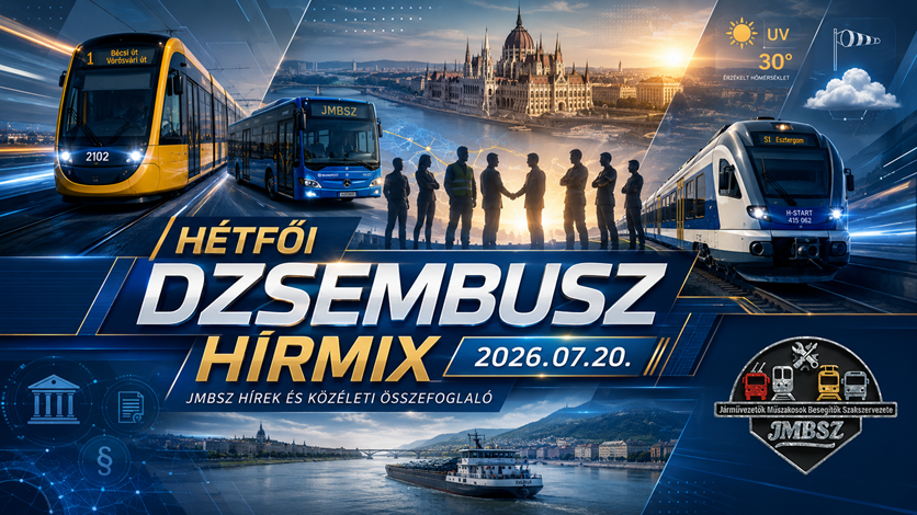 Hétfői Dzsembusz Hírmix 2026. július 20-án JMBSZ szemmel, közlekedési, munkavállalói, közéleti, gazdasági, időjárási és sporthírekkel, villamossal, busszal, vonattal, dunai hajóval és JMBSZ logóval.