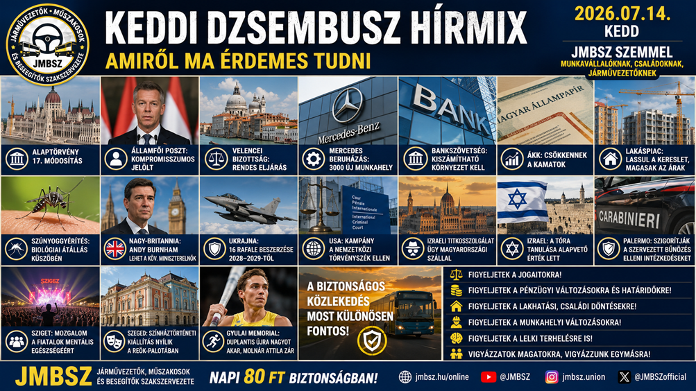 Keddi Dzsembusz Hírmix 2026. július 14-én JMBSZ szemmel, közéleti, gazdasági, nemzetközi, munkavállalói, közlekedésbiztonsági és sporthírekkel.