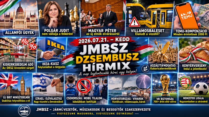 Keddi Dzsembusz Hírmix 2026. július 21-én JMBSZ szemmel, államfői ügyekkel, közmédia-változásokkal, IKEA-KASZ bértárgyalással, Temu-kompenzációval, aszálytámogatással, közlekedésbiztonsággal, viharkárokkal, vb-biztonsággal és Nemzetek Ligája hírekkel.