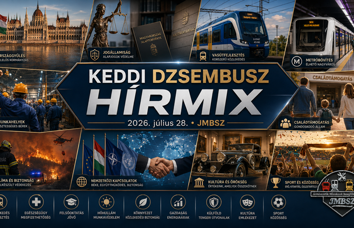 Keddi JMBSZ Dzsembusz Hírmix 2026. július 28-án, országgyűlési, jogállamisági, vasútfejlesztési, metróbővítési, munkahelyi, családtámogatási, klíma- és biztonsági, kulturális és sporthírekkel.