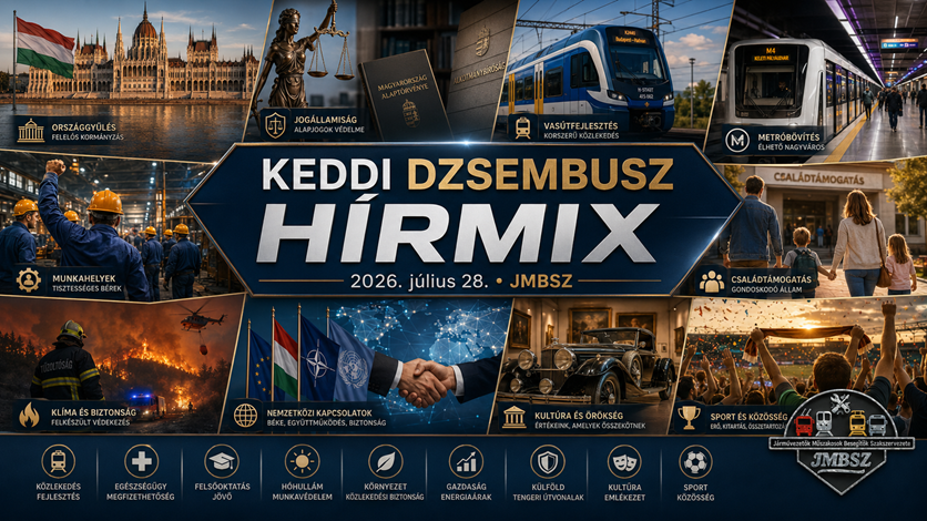 Keddi JMBSZ Dzsembusz Hírmix 2026. július 28-án, országgyűlési, jogállamisági, vasútfejlesztési, metróbővítési, munkahelyi, családtámogatási, klíma- és biztonsági, kulturális és sporthírekkel.