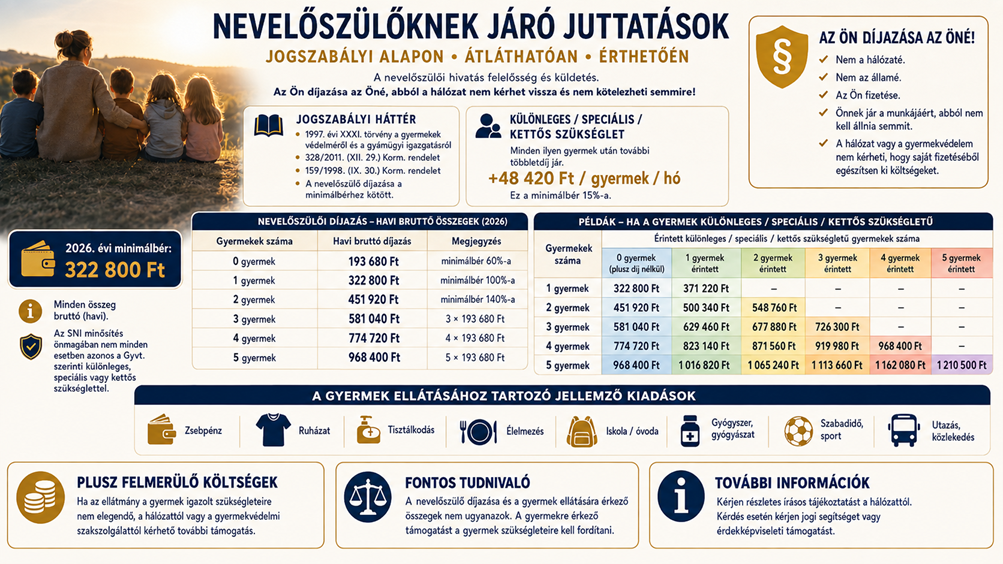 Infografika a nevelőszülők 2026. évi illetményéről, a gyermek után járó ellátmányokról, SNI és autizmus esetén járó többletekről.