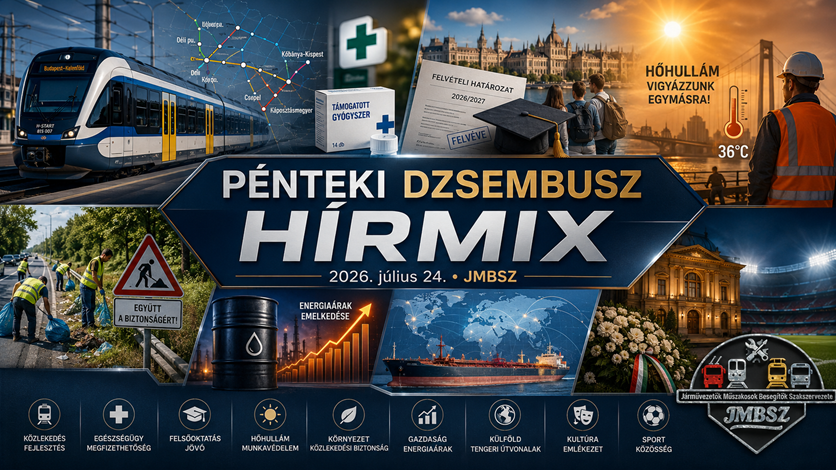 Pénteki JMBSZ Dzsembusz Hírmix 2026. július 24-én, vasútfejlesztéssel, gyógyszeráfa-csökkentéssel, felvételi hírekkel, hőhullámmal, munkavédelemmel, környezetvédelemmel, gazdasági és sporthírekkel.