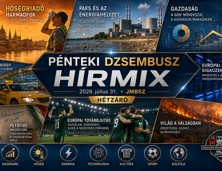 Pénteki hétzáró JMBSZ Dzsembusz Hírmix 2026. július 31-én, hőségriadóval, paksi energiahelyzettel, alacsony Duna-vízállással, GDP-hírrel, repülőtéri taxis üggyel, európai mesterséges intelligencia fejlesztésekkel, Petőfi-megemlékezéssel, Fradi-továbbjutással és spanyol erdőtüzekkel.