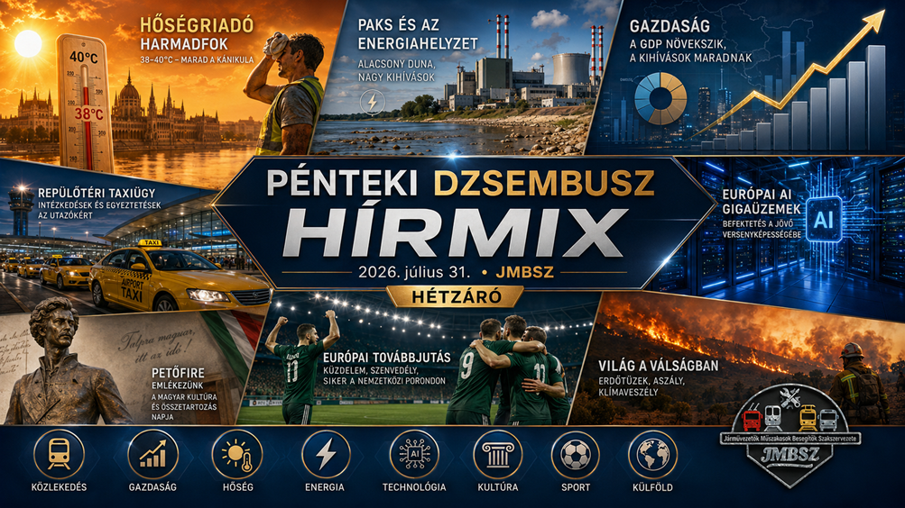 Pénteki hétzáró JMBSZ Dzsembusz Hírmix 2026. július 31-én, hőségriadóval, paksi energiahelyzettel, alacsony Duna-vízállással, GDP-hírrel, repülőtéri taxis üggyel, európai mesterséges intelligencia fejlesztésekkel, Petőfi-megemlékezéssel, Fradi-továbbjutással és spanyol erdőtüzekkel.