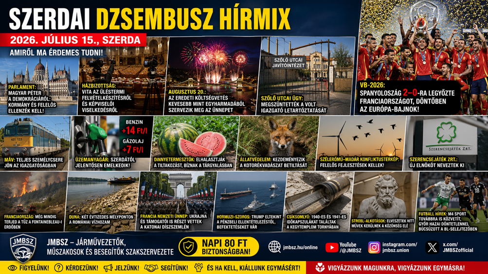 Szerdai Dzsembusz Hírmix 2026. július 15-én JMBSZ szemmel, közéleti, közlekedési, gazdasági, környezetvédelmi, kulturális és sporthírekkel.