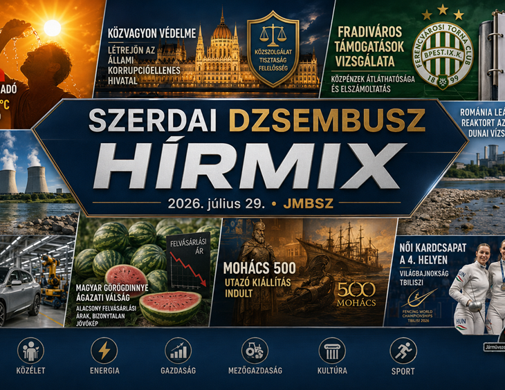 Szerdai JMBSZ Dzsembusz Hírmix 2026. július 29-én, hőségriadóval, közvagyon-védelemmel, Fradiváros-támogatás vizsgálatával, alacsony Duna-vízállással, energiaellátási hírekkel, BMW Debrecennel, dinnyetermeléssel, Mohács 500 kiállítással és női párbajtőr-vb szerepléssel.