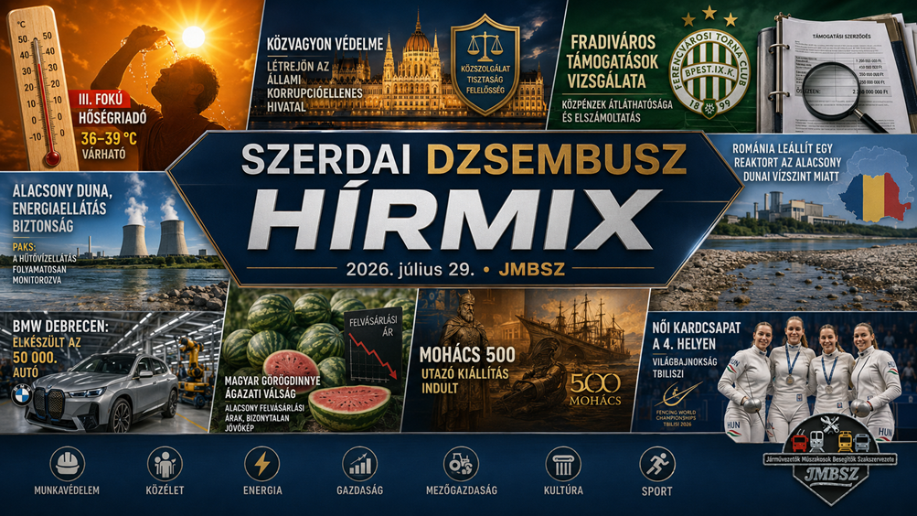 Szerdai JMBSZ Dzsembusz Hírmix 2026. július 29-én, hőségriadóval, közvagyon-védelemmel, Fradiváros-támogatás vizsgálatával, alacsony Duna-vízállással, energiaellátási hírekkel, BMW Debrecennel, dinnyetermeléssel, Mohács 500 kiállítással és női párbajtőr-vb szerepléssel.