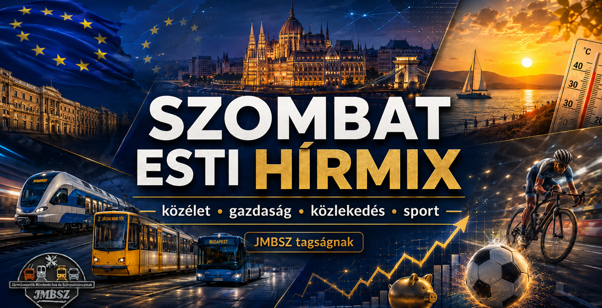 Szombat esti hírmix JMBSZ szemmel, közéleti, gazdasági, közlekedési, időjárási és sporthírekkel, kék-arany arculatú 16:9-es grafikai háttérrel.