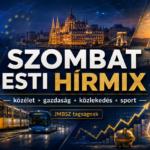Szombat esti hírmix JMBSZ szemmel, közéleti, gazdasági, közlekedési, időjárási és sporthírekkel, kék-arany arculatú 16:9-es grafikai háttérrel.