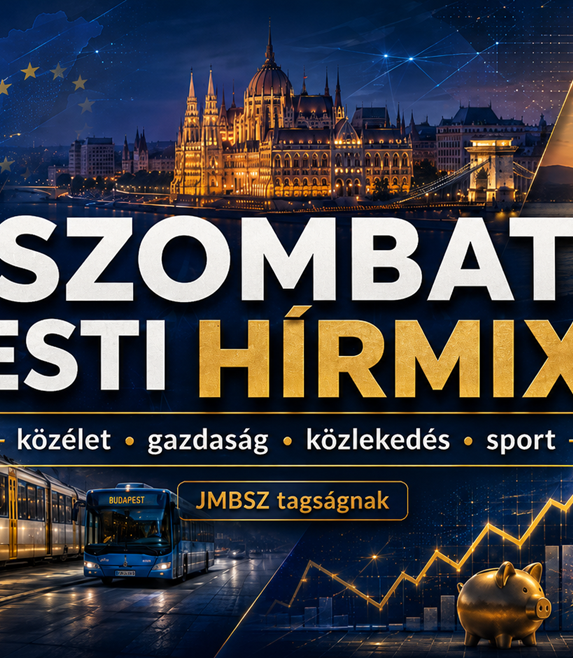 Szombat esti hírmix JMBSZ szemmel, közéleti, gazdasági, közlekedési, időjárási és sporthírekkel, kék-arany arculatú 16:9-es grafikai háttérrel.