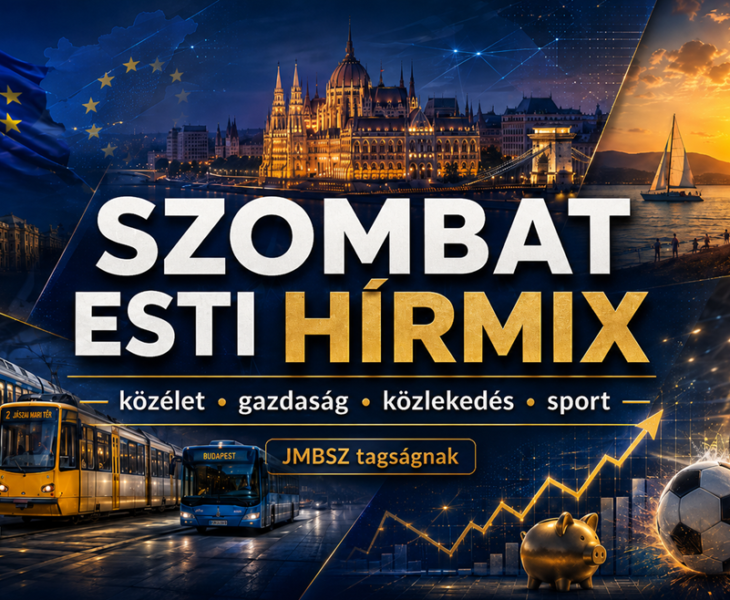 Szombat esti hírmix JMBSZ szemmel, közéleti, gazdasági, közlekedési, időjárási és sporthírekkel, kék-arany arculatú 16:9-es grafikai háttérrel.