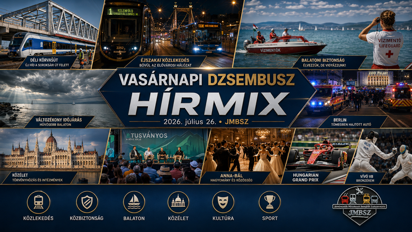 Vasárnapi JMBSZ Dzsembusz Hírmix 2026. július 26-án, közlekedési, balatoni, közbiztonsági, közéleti, kulturális és sporthírekkel.