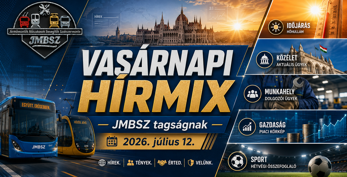 Vasárnapi hírmix 2026. július 12-én JMBSZ szemmel, közéleti, munkavállalói, közlekedésbiztonsági, időjárási, gazdasági és sporthírekkel.