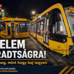 Összetört sárga villamosok éjszakai baleset után, JMBSZ külön hír képe a fáradtság veszélyére figyelmeztető üzenettel.