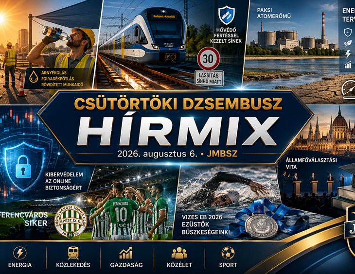 Csütörtöki JMBSZ Dzsembusz Hírmix 2026. augusztus 6-án, hőségriadóval, munkavédelemmel, MÁV-sínhőség miatti lassítással, paksi energiahelyzettel, Duna-vízszinttel, energiafejlesztési tervvel, kiberbiztonsággal, gazdasági és közéleti hírekkel, Ferencváros-sikerrel és magyar úszóezüstökkel.