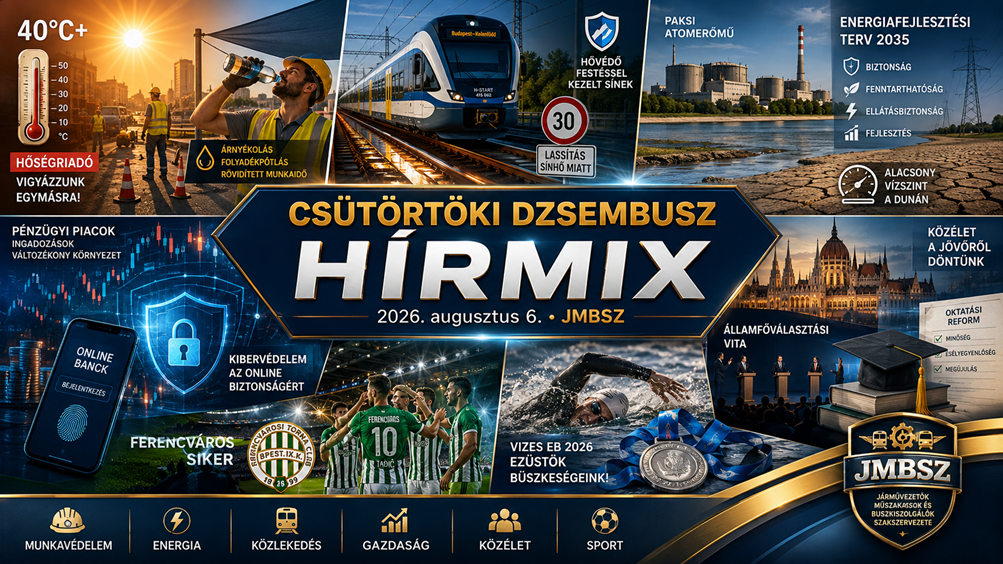 Csütörtöki JMBSZ Dzsembusz Hírmix 2026. augusztus 6-án, hőségriadóval, munkavédelemmel, MÁV-sínhőség miatti lassítással, paksi energiahelyzettel, Duna-vízszinttel, energiafejlesztési tervvel, kiberbiztonsággal, gazdasági és közéleti hírekkel, Ferencváros-sikerrel és magyar úszóezüstökkel.