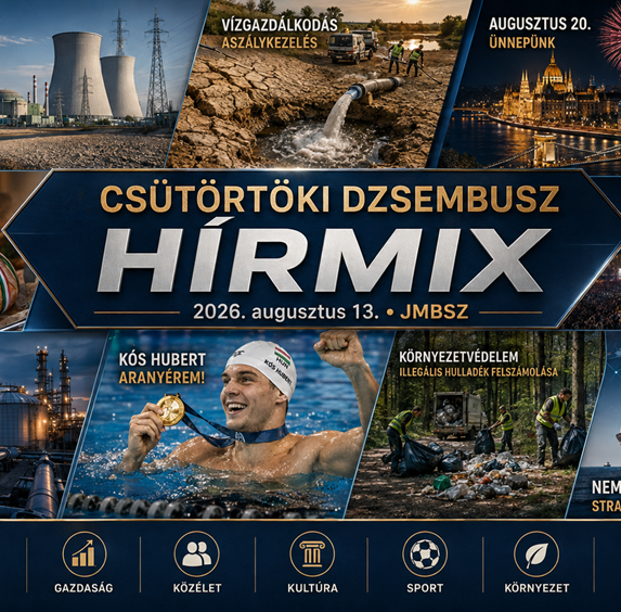 Csütörtöki JMBSZ Dzsembusz Hírmix 2026. augusztus 13-án, Duna alacsony vízállással, paksi energiabiztonsággal, vízgazdálkodással, augusztus 20-i ünnepi programokkal, Magyarország tortájával, Szent István-napi kenyérrel, Sziget Fesztivállal, energia- és gázellátási hírekkel, Kós Hubert aranyérmével, illegális hulladék felszámolásával és nemzetközi feszültségekkel.
