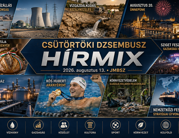 Csütörtöki JMBSZ Dzsembusz Hírmix 2026. augusztus 13-án, Duna alacsony vízállással, paksi energiabiztonsággal, vízgazdálkodással, augusztus 20-i ünnepi programokkal, Magyarország tortájával, Szent István-napi kenyérrel, Sziget Fesztivállal, energia- és gázellátási hírekkel, Kós Hubert aranyérmével, illegális hulladék felszámolásával és nemzetközi feszültségekkel.