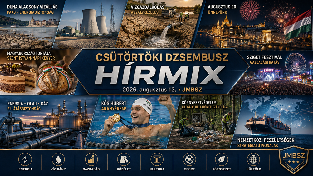 Csütörtöki JMBSZ Dzsembusz Hírmix 2026. augusztus 13-án, Duna alacsony vízállással, paksi energiabiztonsággal, vízgazdálkodással, augusztus 20-i ünnepi programokkal, Magyarország tortájával, Szent István-napi kenyérrel, Sziget Fesztivállal, energia- és gázellátási hírekkel, Kós Hubert aranyérmével, illegális hulladék felszámolásával és nemzetközi feszültségekkel.