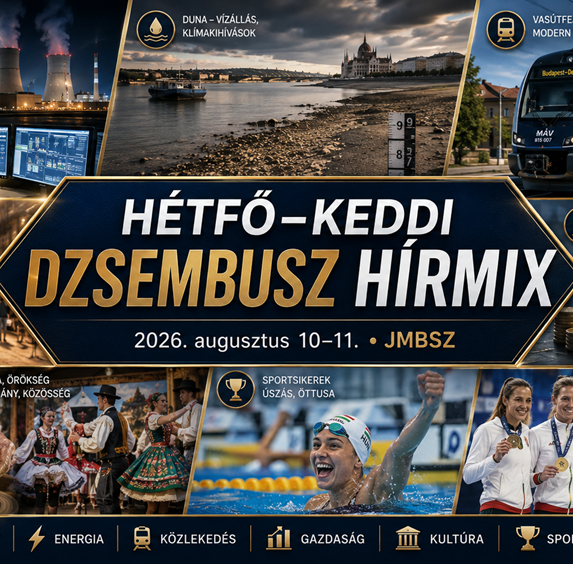 Hétfő–Keddi összevont JMBSZ Dzsembusz Hírmix 2026. augusztus 10–11-én, Angelika emlékére méltó gyászjelzéssel, paksi energiahelyzettel, Duna-vízállással, vasútfejlesztéssel, közbiztonsági hírekkel, költségvetési és gazdasági témákkal, kulturális örökséggel, valamint magyar úszó- és öttusasikerekkel.