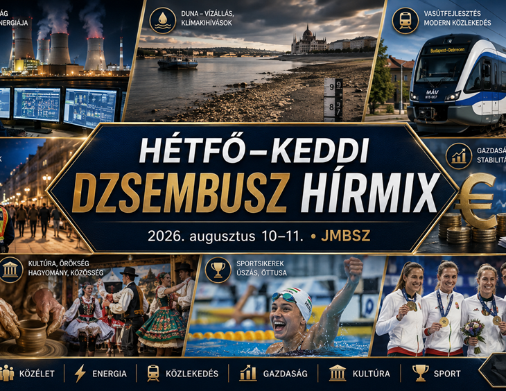 Hétfő–Keddi összevont JMBSZ Dzsembusz Hírmix 2026. augusztus 10–11-én, Angelika emlékére méltó gyászjelzéssel, paksi energiahelyzettel, Duna-vízállással, vasútfejlesztéssel, közbiztonsági hírekkel, költségvetési és gazdasági témákkal, kulturális örökséggel, valamint magyar úszó- és öttusasikerekkel.