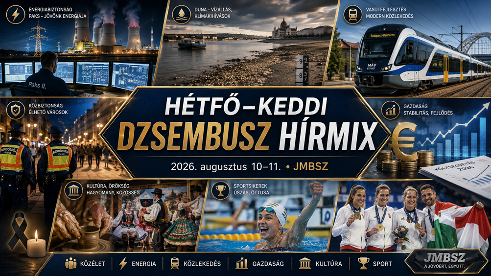 Hétfő–Keddi összevont JMBSZ Dzsembusz Hírmix 2026. augusztus 10–11-én, Angelika emlékére méltó gyászjelzéssel, paksi energiahelyzettel, Duna-vízállással, vasútfejlesztéssel, közbiztonsági hírekkel, költségvetési és gazdasági témákkal, kulturális örökséggel, valamint magyar úszó- és öttusasikerekkel.