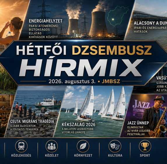 Hétfői JMBSZ Dzsembusz Hírmix 2026. augusztus 3-án, rekordhőséggel, paksi energiahelyzettel, alacsony Duna-vízállással, Velencei-tó vízgazdálkodással, vasúti fejlesztésekkel, Ceuta tragédiájával, Kékszalaggal és Jazzfőváros kulturális hírrel.
