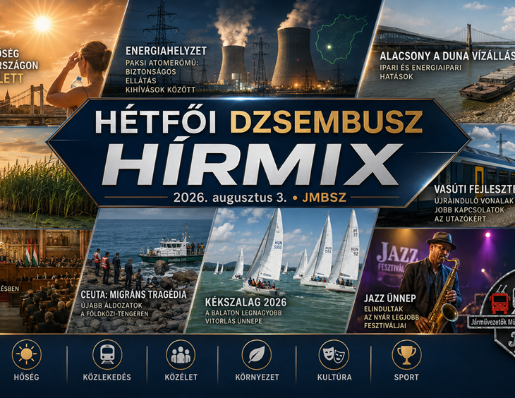 Hétfői JMBSZ Dzsembusz Hírmix 2026. augusztus 3-án, rekordhőséggel, paksi energiahelyzettel, alacsony Duna-vízállással, Velencei-tó vízgazdálkodással, vasúti fejlesztésekkel, Ceuta tragédiájával, Kékszalaggal és Jazzfőváros kulturális hírrel.