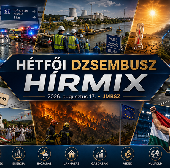 Hétfői JMBSZ Dzsembusz Hírmix 2026. augusztus 17-én, M3-as buszbalesettel, paksi dunai energiabiztonsági munkákkal, hidegfronttal, bérlakásépítéssel, M6-os autópálya-üggyel, erdőtüzekkel, vidéki és kulturális hírekkel, valamint Kós Hubert Európa-bajnoki aranyával.