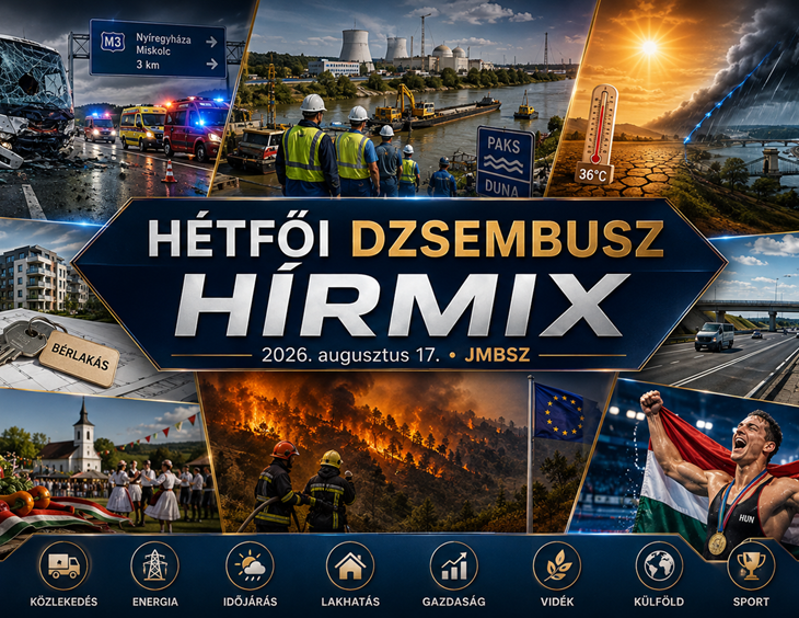 Hétfői JMBSZ Dzsembusz Hírmix 2026. augusztus 17-én, M3-as buszbalesettel, paksi dunai energiabiztonsági munkákkal, hidegfronttal, bérlakásépítéssel, M6-os autópálya-üggyel, erdőtüzekkel, vidéki és kulturális hírekkel, valamint Kós Hubert Európa-bajnoki aranyával.